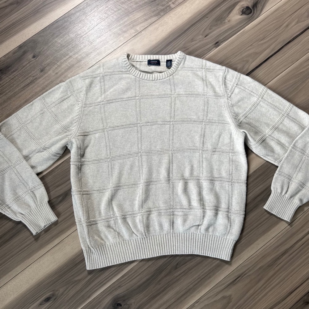 Arrow USA 1851 Mens Beige Grid Textured Knit Crewneck Sweater Large Oatmeal
